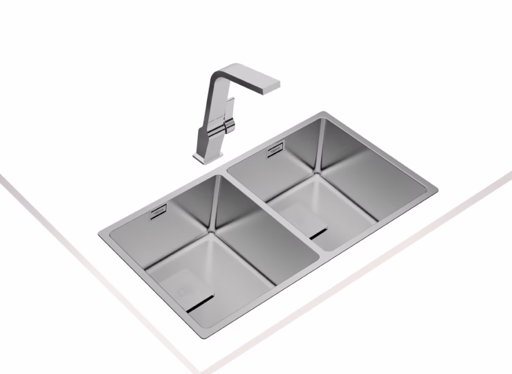 Fregadero con cubetas de 34 cm y triple posibilidad de instalación